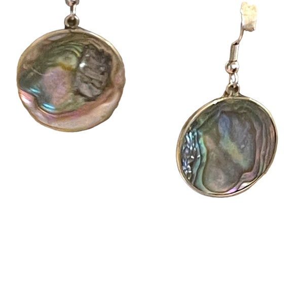 Vintage 90s Mexico Alpaca Abalone disk dangle earrings - Picture 3 of 5